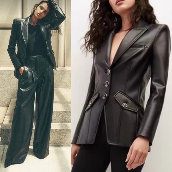 VERONICA BEARD BLAZER JACKET DICKEY BLACK LEATHER VEGAN ANOKI EDGY FALL MOTO - Picture 3 of 16